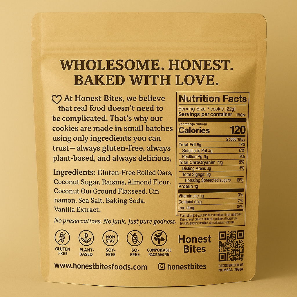 Back Side Of The Product Packaging of Oatmeal Raisin Gluten Free Cookies.