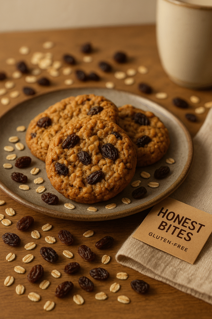 Oatmeal Raisin Gluten Free Cookies on a Wooden Table