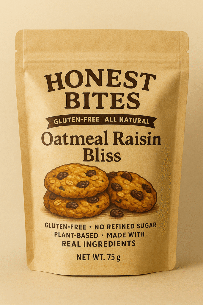 Front Side Of The Product Packaging of Oatmeal Raisin Gluten Free Cookies.